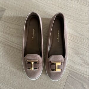 Salvatore Ferragamo Women's Taupe Loafers with Gold Buckle